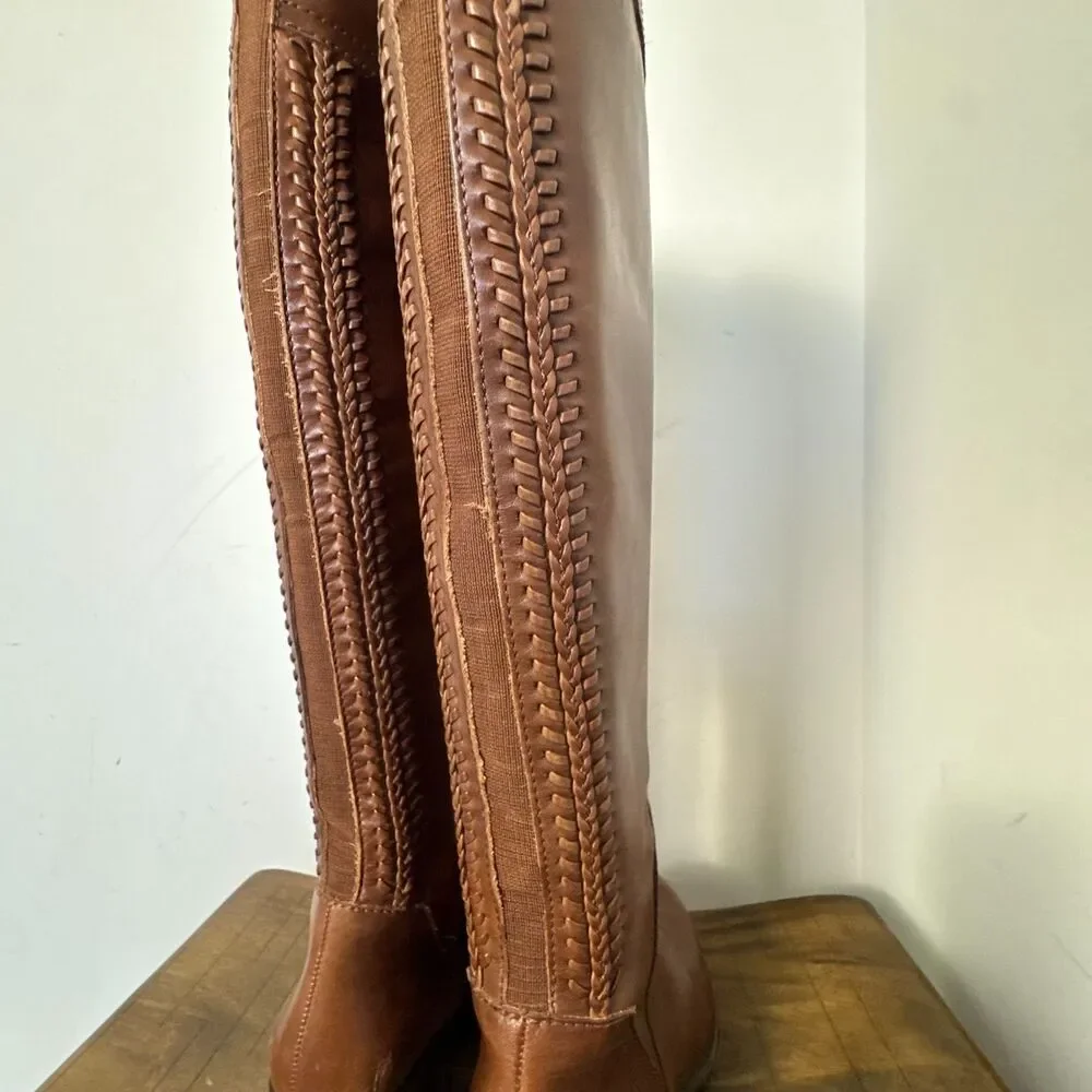 Vince Camuto Brown Leather Tall Riding Boots Braided Womens 7.5 Classic